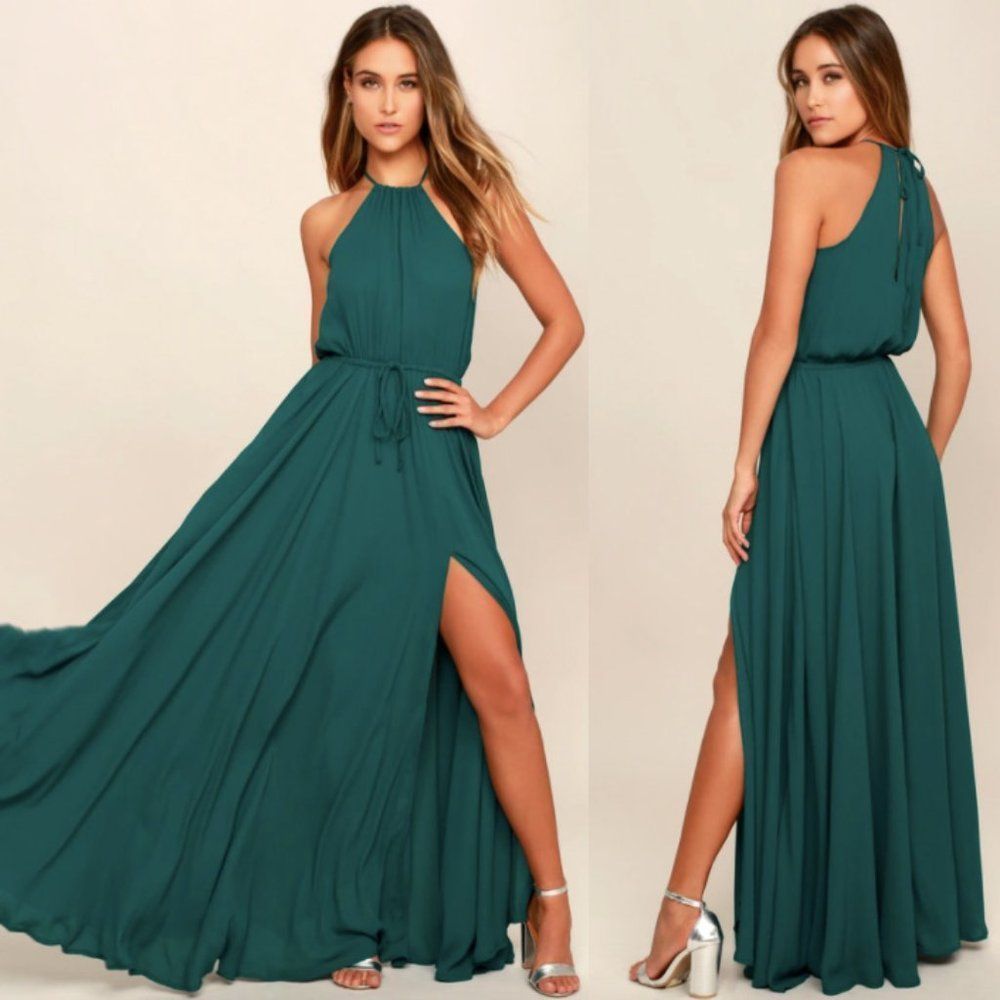 Lulu’s teal green Essence Of Style halter tie high neck slit maxi dress gown
